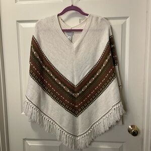 Multiples Knit Boho Poncho with Aztec Design, Fringe and Sleeves. Sz M